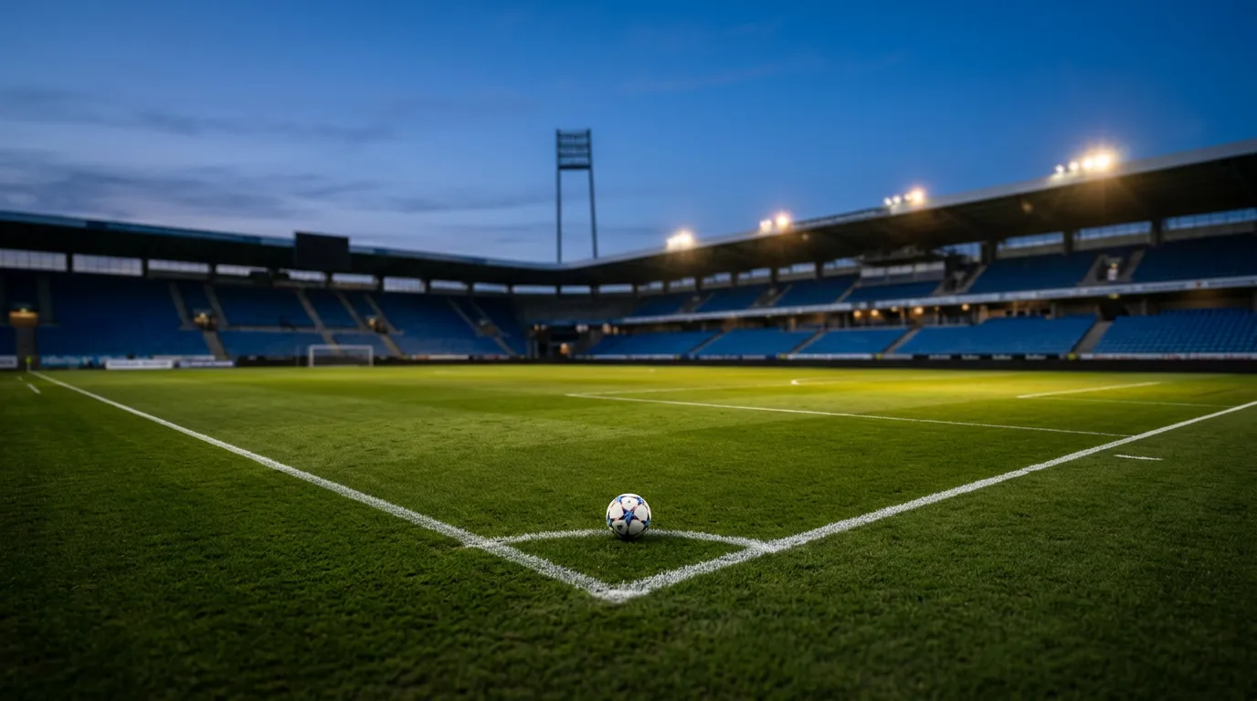 Tom Superliga-fodboldbane ved skumring med tændte lysanlæg og en enkelt bold på midten